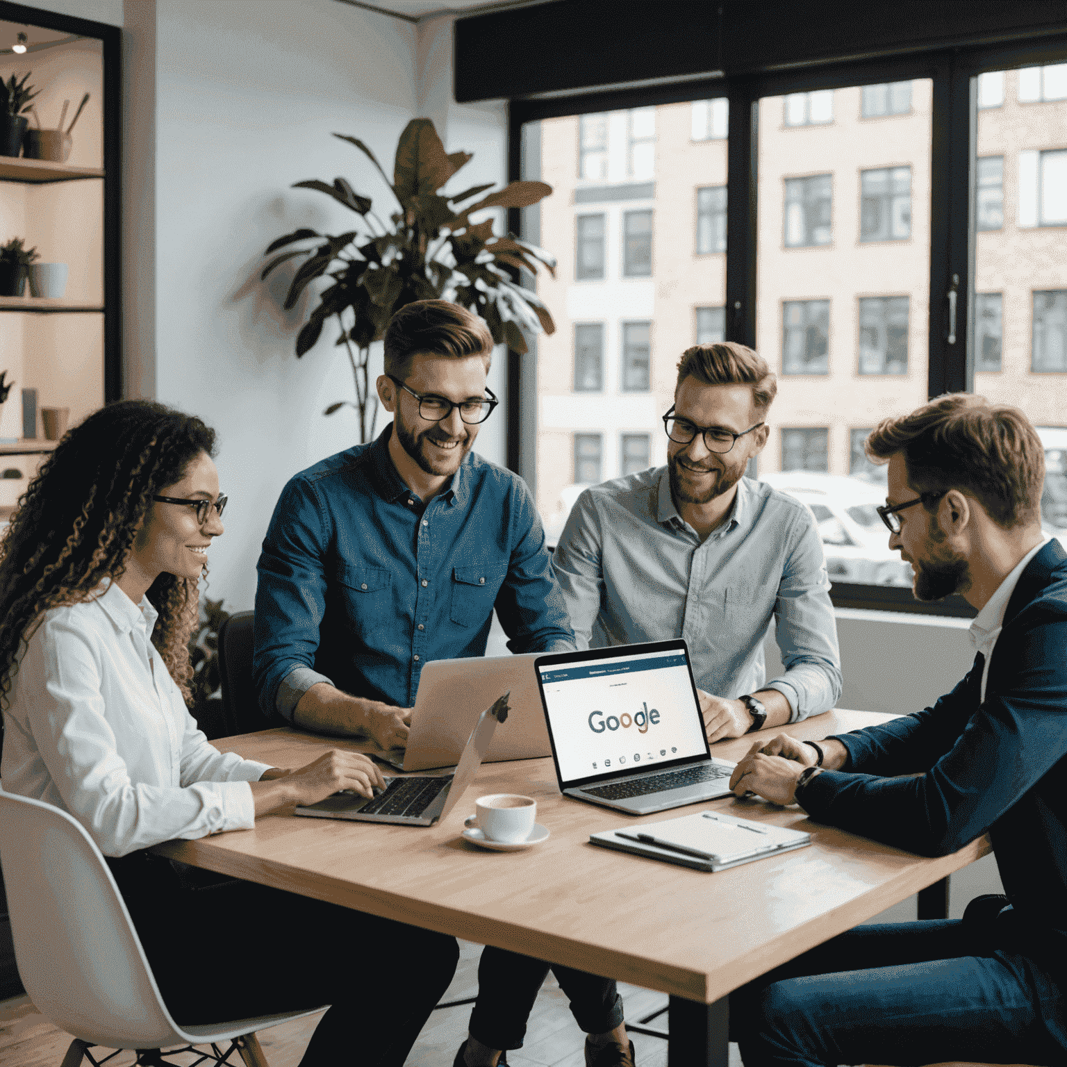 A team of digital marketing professionals working together on laptops and discussing strategies to promote websites and improve search engine rankings