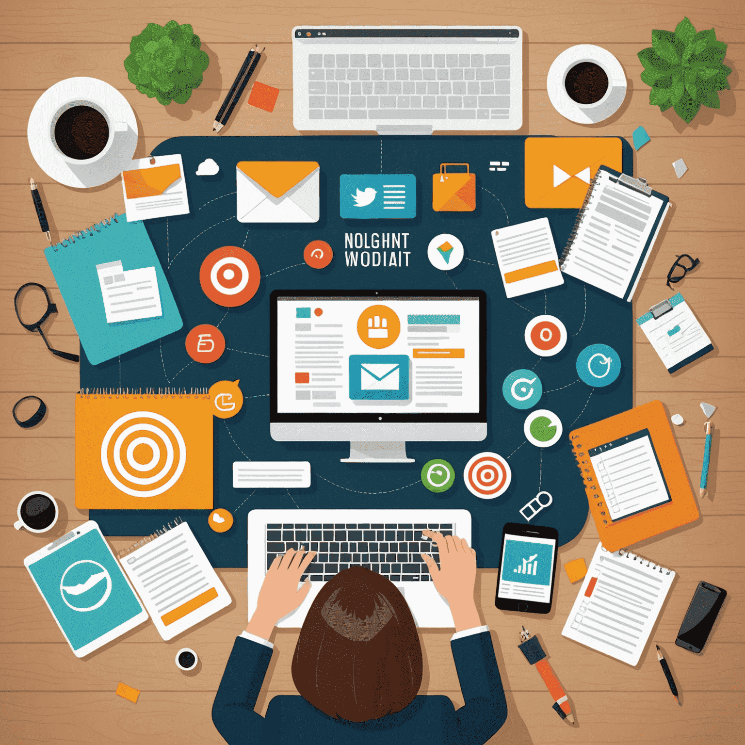 Illustration of various content marketing strategies such as blogging, social media, email marketing, and SEO