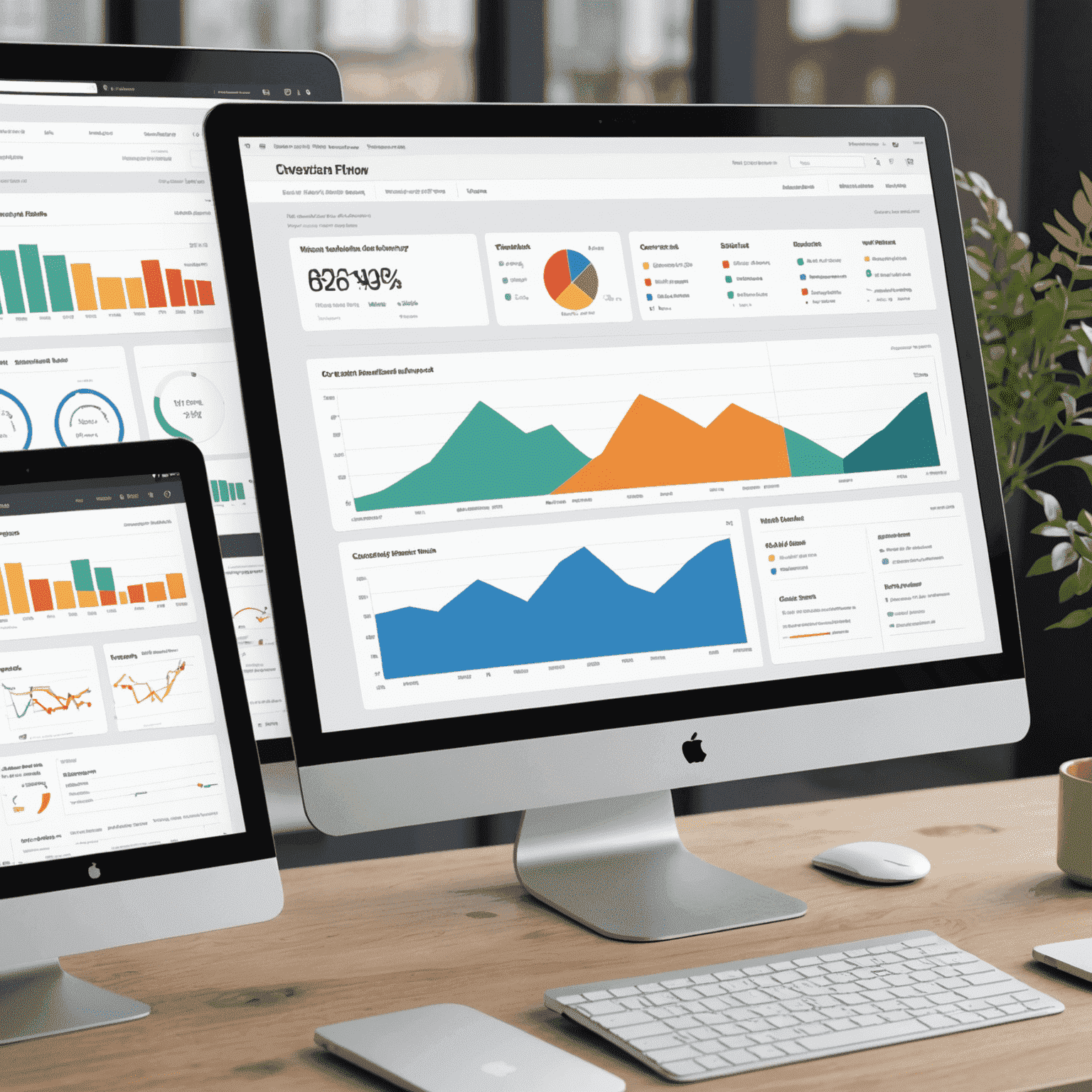 Dashboard showing website traffic stats, user behavior flow, conversion funnels